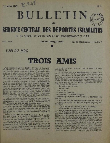 Bulletin du Service central des déportés israélites. N° 9 (15 juillet 1945)